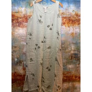 Sweet Jessie Linen Maxi Dress Sage Green Floral Dragonfly Lagenlook Size M 436